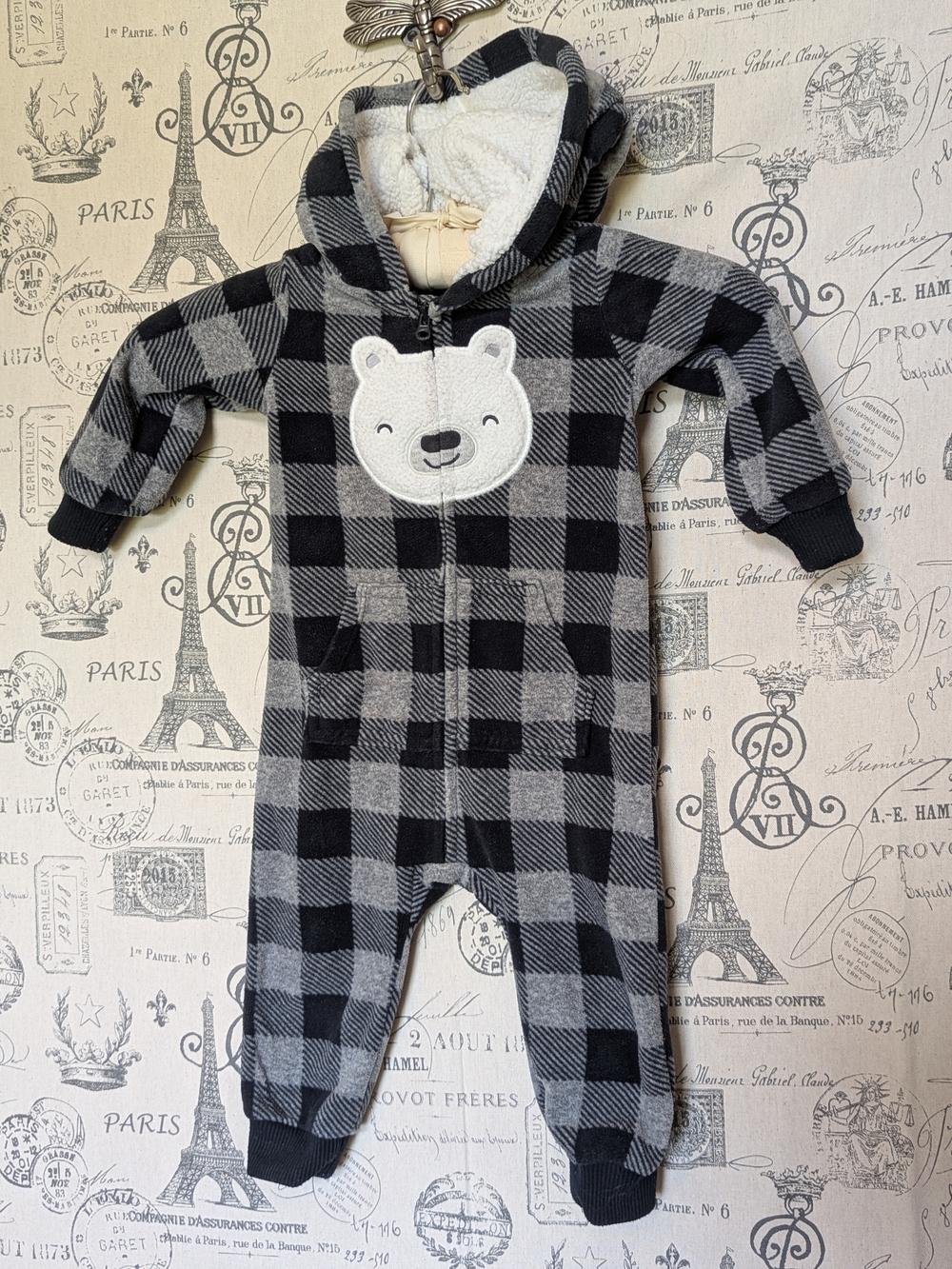 Carter's Black and Gray Buffalo Plaid Polar Bear Hooded One-Piece - 12 Months